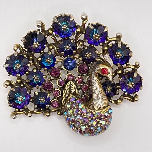 Weiss Signed Vintage Blue AB Rhinestone Peacock Pin Brooch Rare - Picture 1 of 11